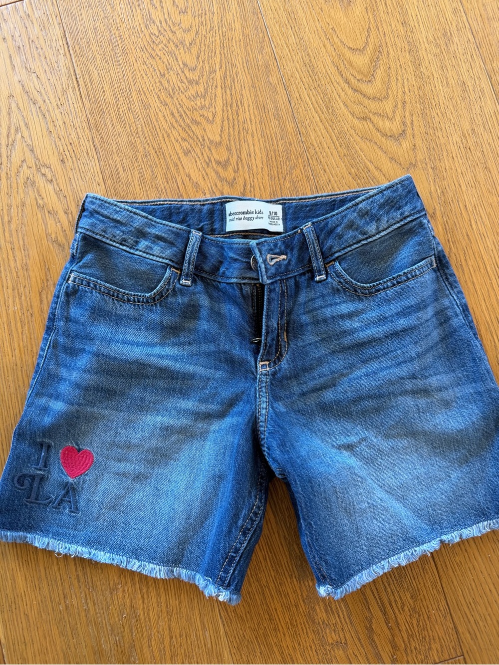abercrombie kids blue denim shorts with red heart embroidery